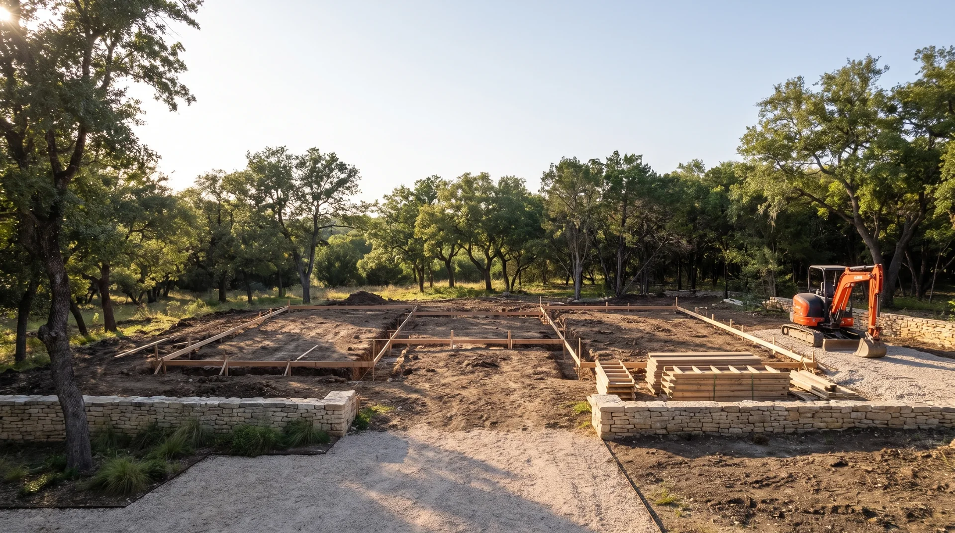 Surveyed trenches and timber formwork mark the two-wing house on the wooded site, before concrete is poured.