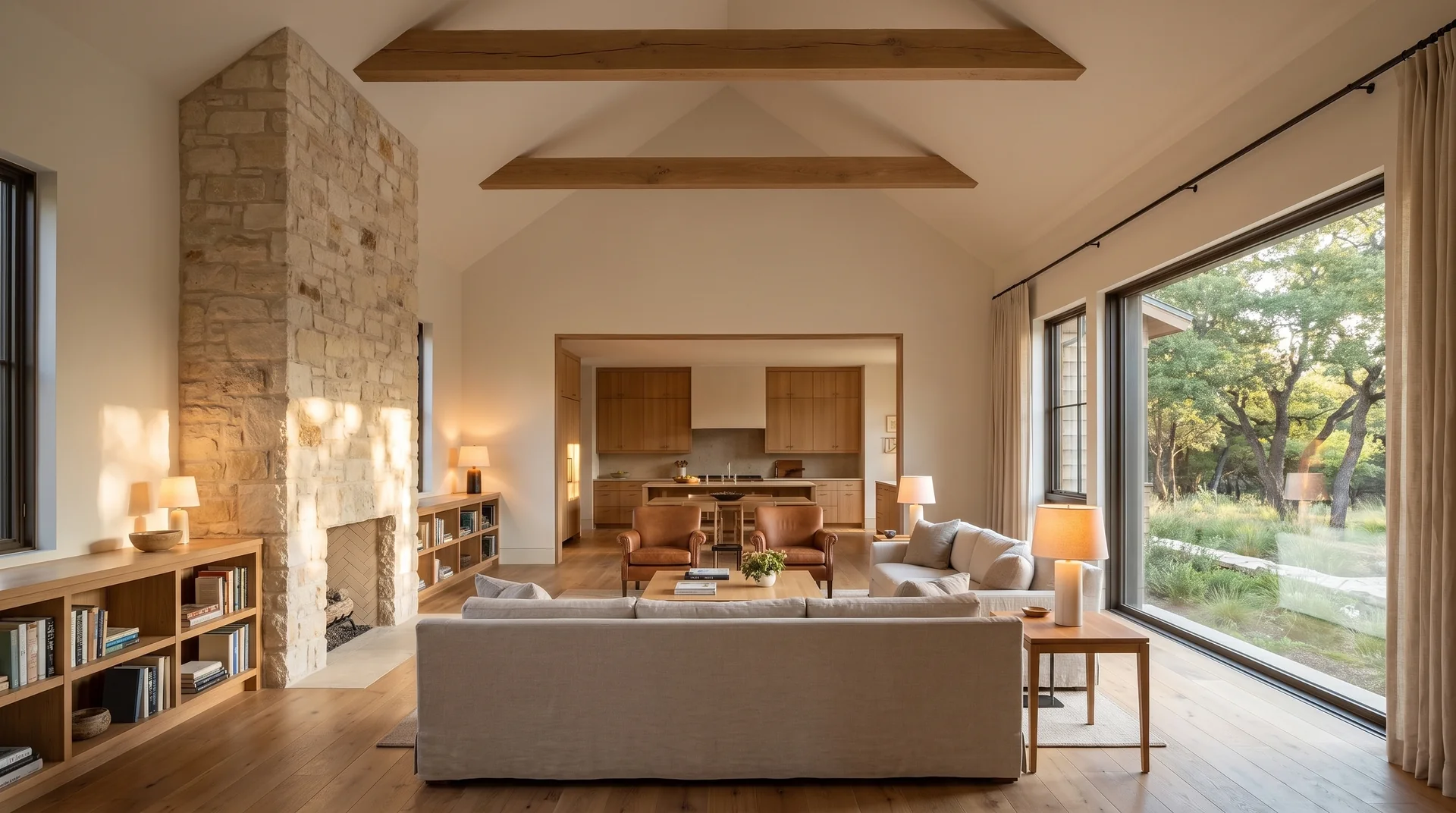 The completed great room with oak beams, limestone fireplace and garden-facing seating.