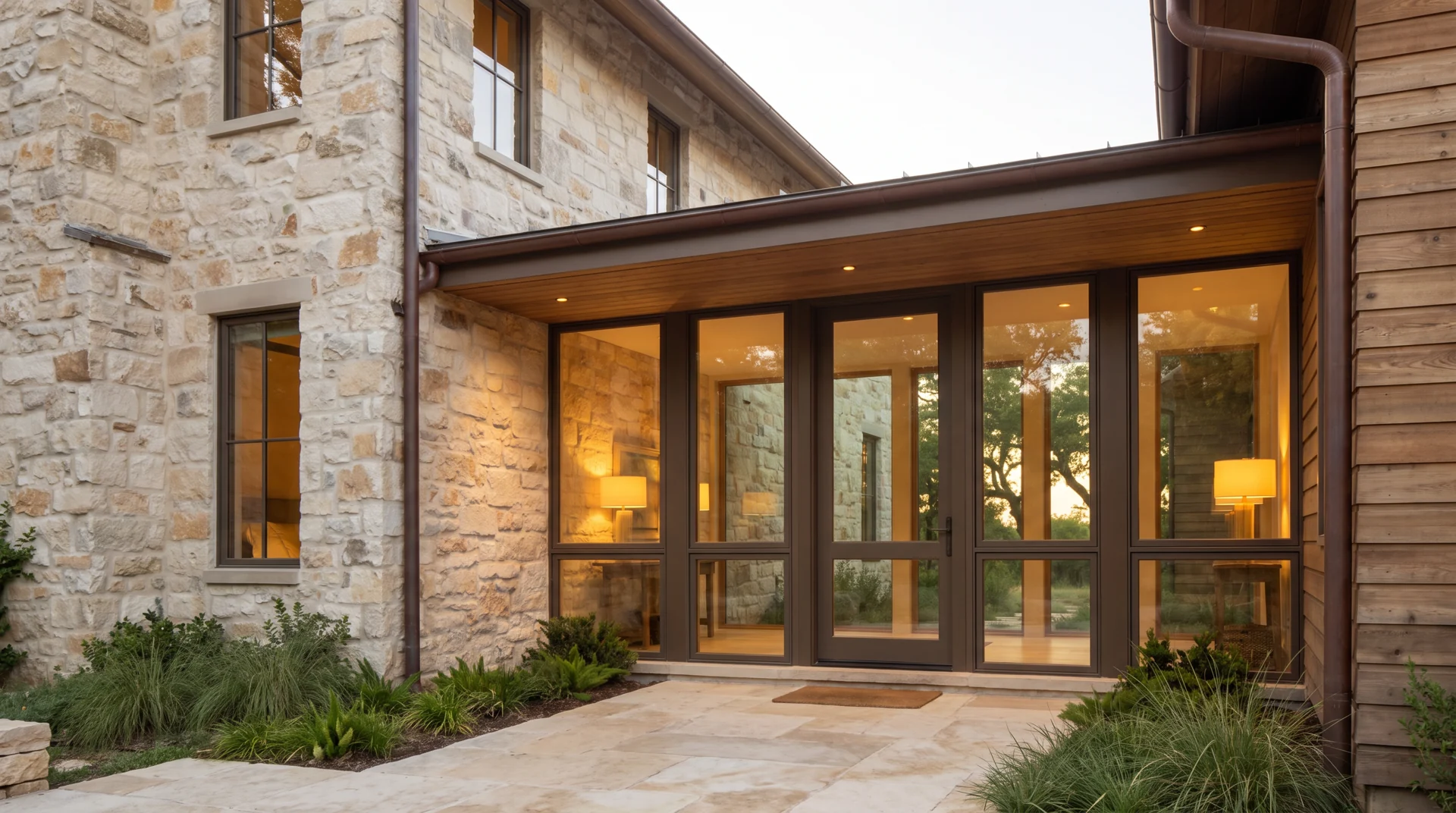 Limestone, timber and joinery details from the Plumbline custom-home concept.