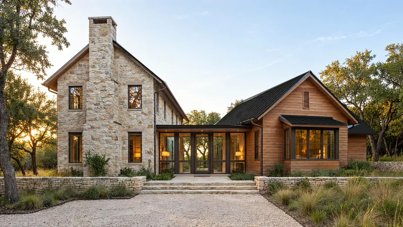 The Woodland Residence, a limestone and cedar home with two gabled wings in a wooded landscape.
