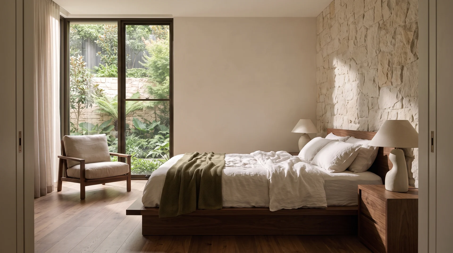 The Garden House bedroom, with soft upholstery, natural materials and garden light.