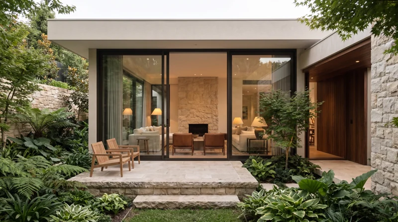 Illustrative Garden House exterior with limestone, broad bronze-framed glazing and a planted garden.