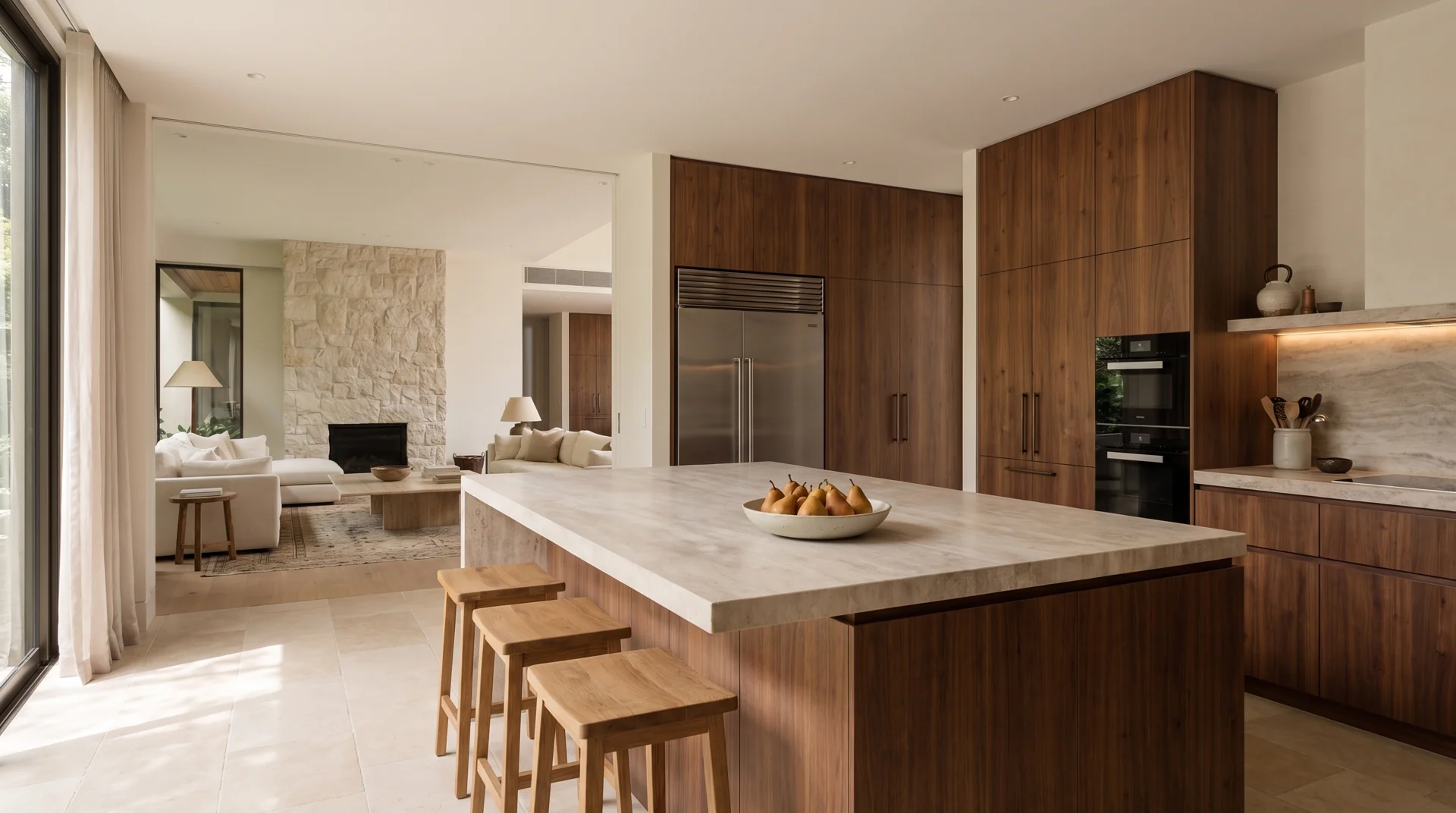 The Garden House walnut kitchen, connected to the furnished living spaces.