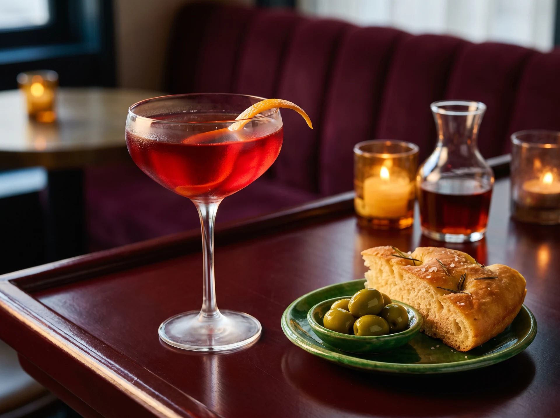 An orange-peel aperitif, green olives and focaccia on the Copper Pass bar.