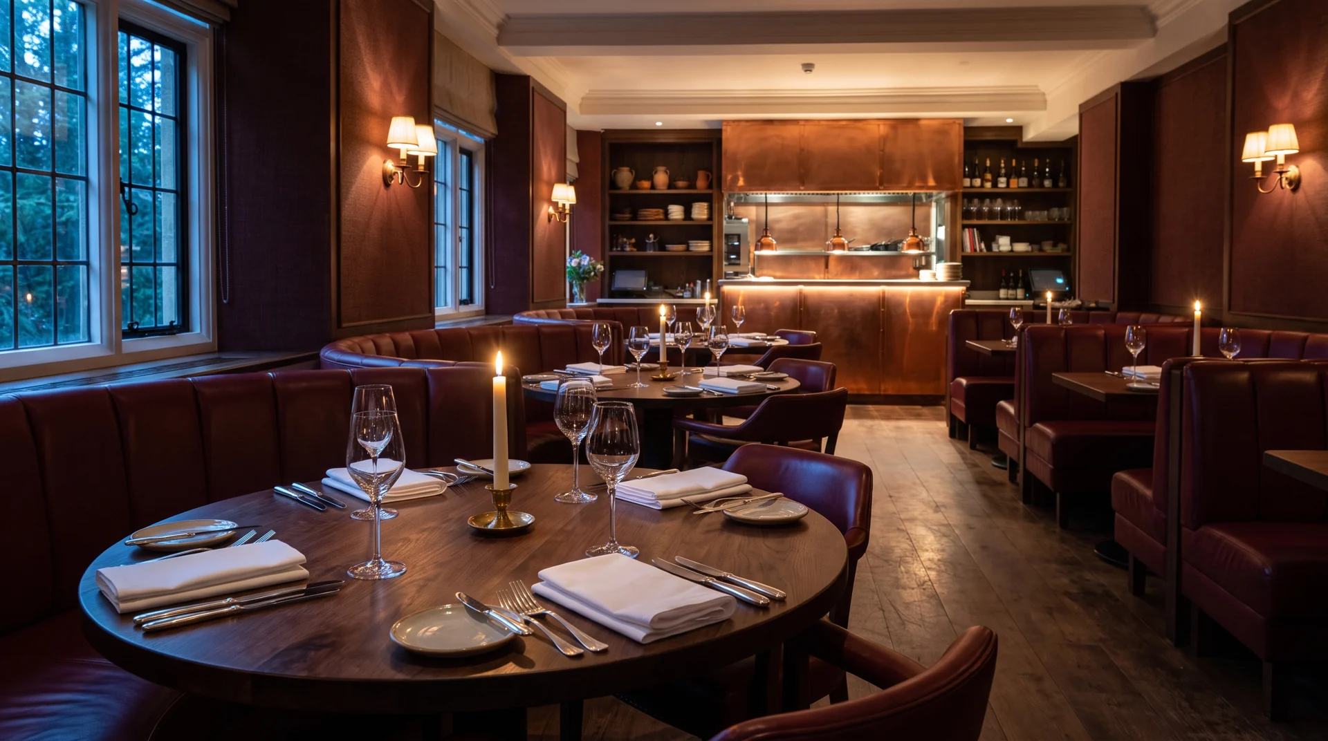 Copper Pass dining room, with leather booths, candlelight and an open kitchen.