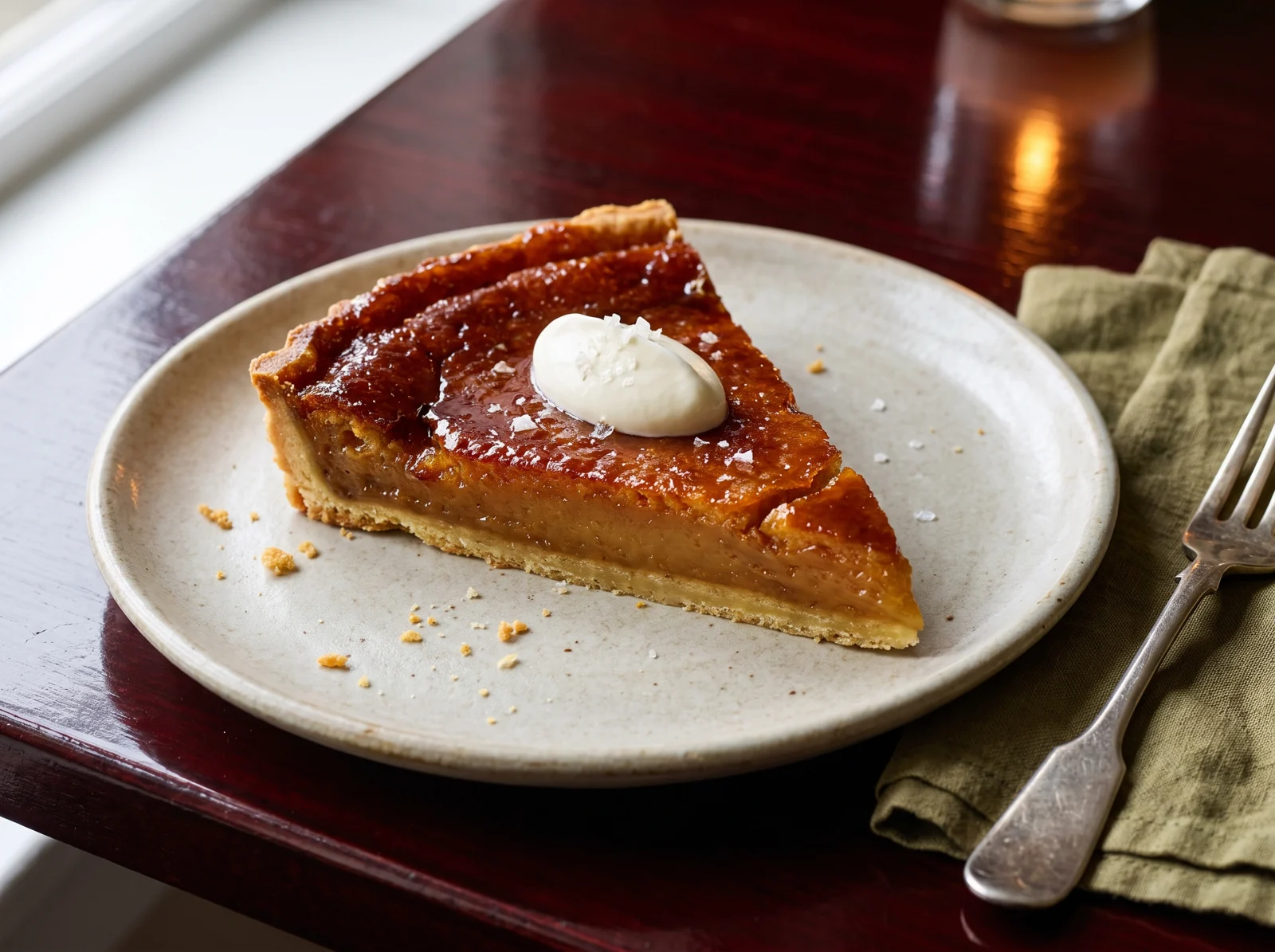 Burnt honey tart on a handmade plate with crème fraîche and an olive linen napkin.