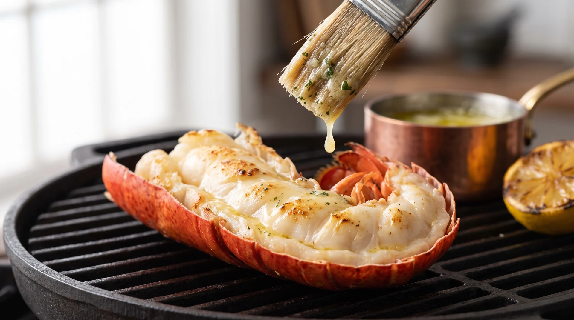 Split lobster tail being brushed with melted butter beside grilled lemon.