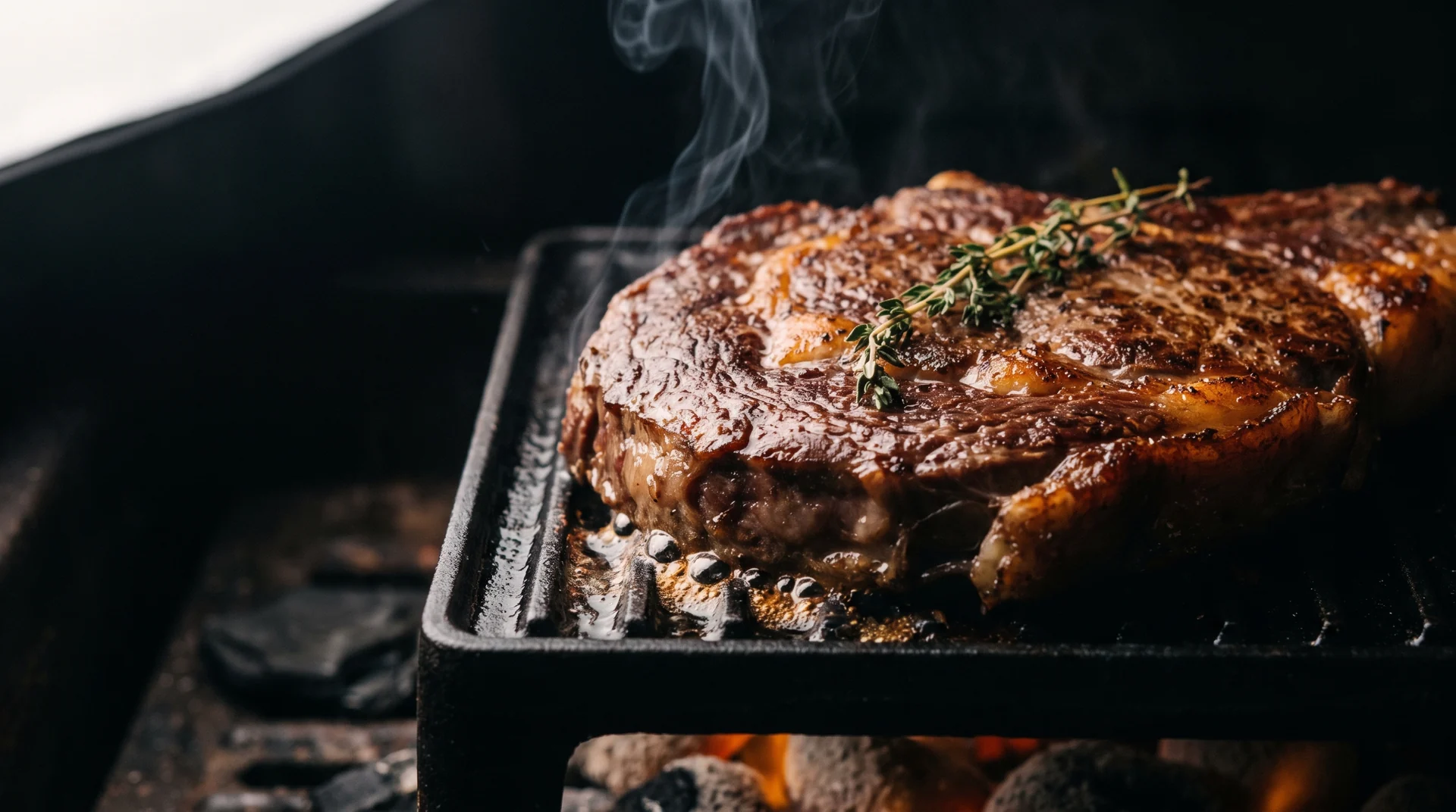 Ribeye with a deep seared crust and thyme butter on the grill.