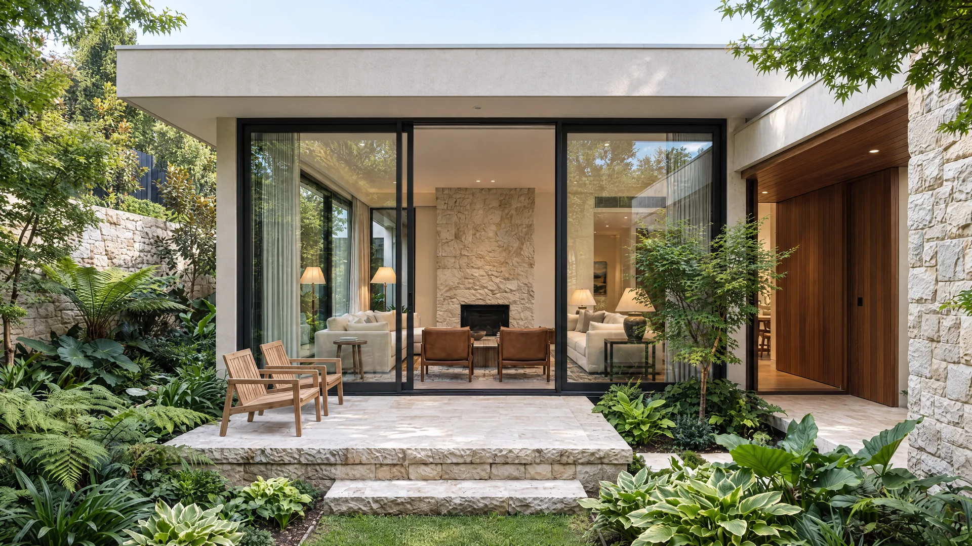 Illustrative Garden House exterior with limestone, broad bronze-framed glazing and a planted garden.