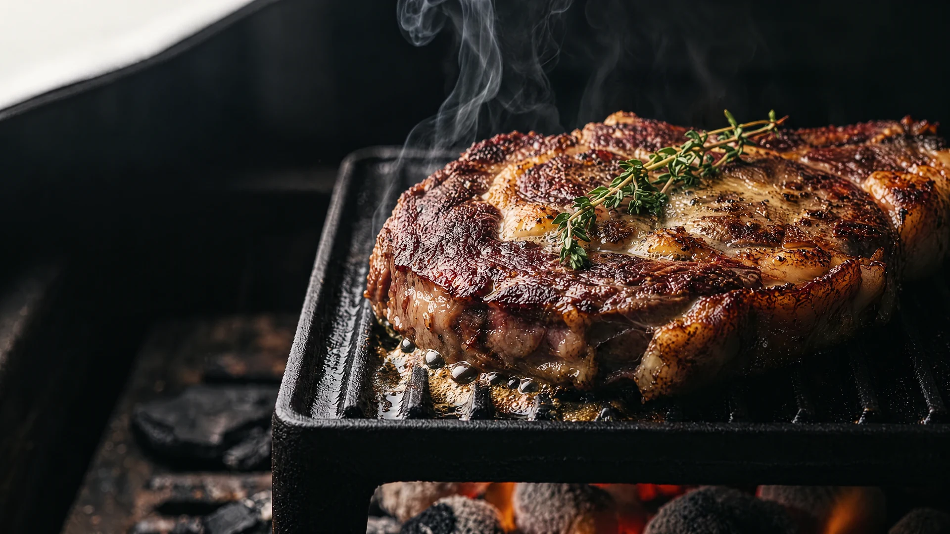 A deeply seared ribeye on the grill, its thyme butter sizzling at the edge of the crust.
