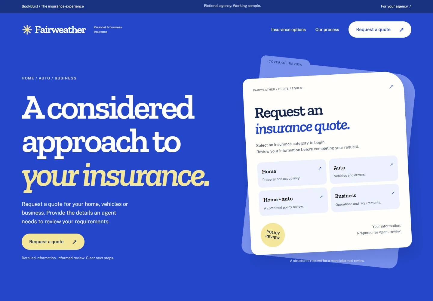 Fairweather website concept with coverage options and a structured quote-request journey